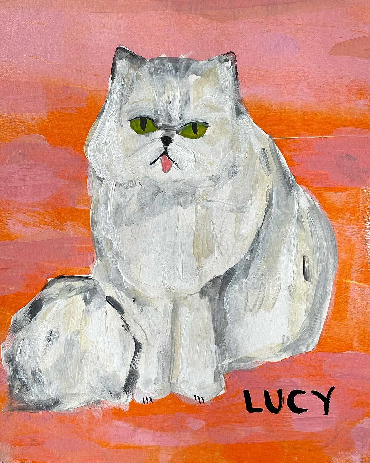 A painted portrait of a fluffy white cat with green eyes, sitting on a pink and orange background, with the name "LUCY" written in black at the bottom.
