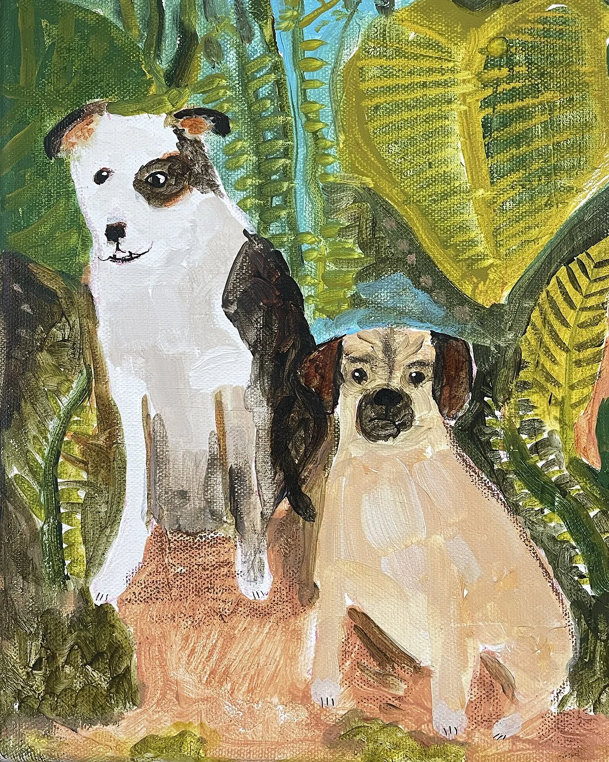 Painting of two dogs surrounded by lush green tropical plants and leaves.