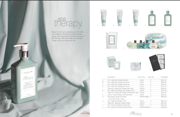 Spa therapy products including lotion with pump, various small bottles of skincare items, soap, and a candle, arranged on a soft, light-colored surface.