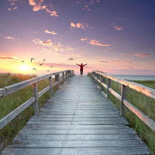 At sunset with birds flying overhead, a woman celebrates at end of pier