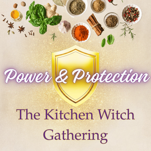 Text saying “Power and Protection” with gold shield and kitchen ingredients