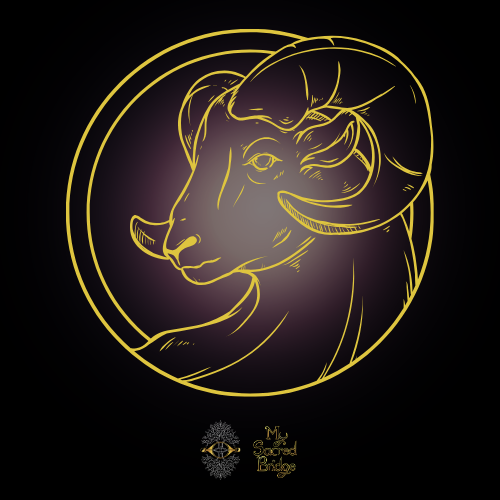 Gold ram’s head appears over violet glow above My Sacred Bridge brand logo