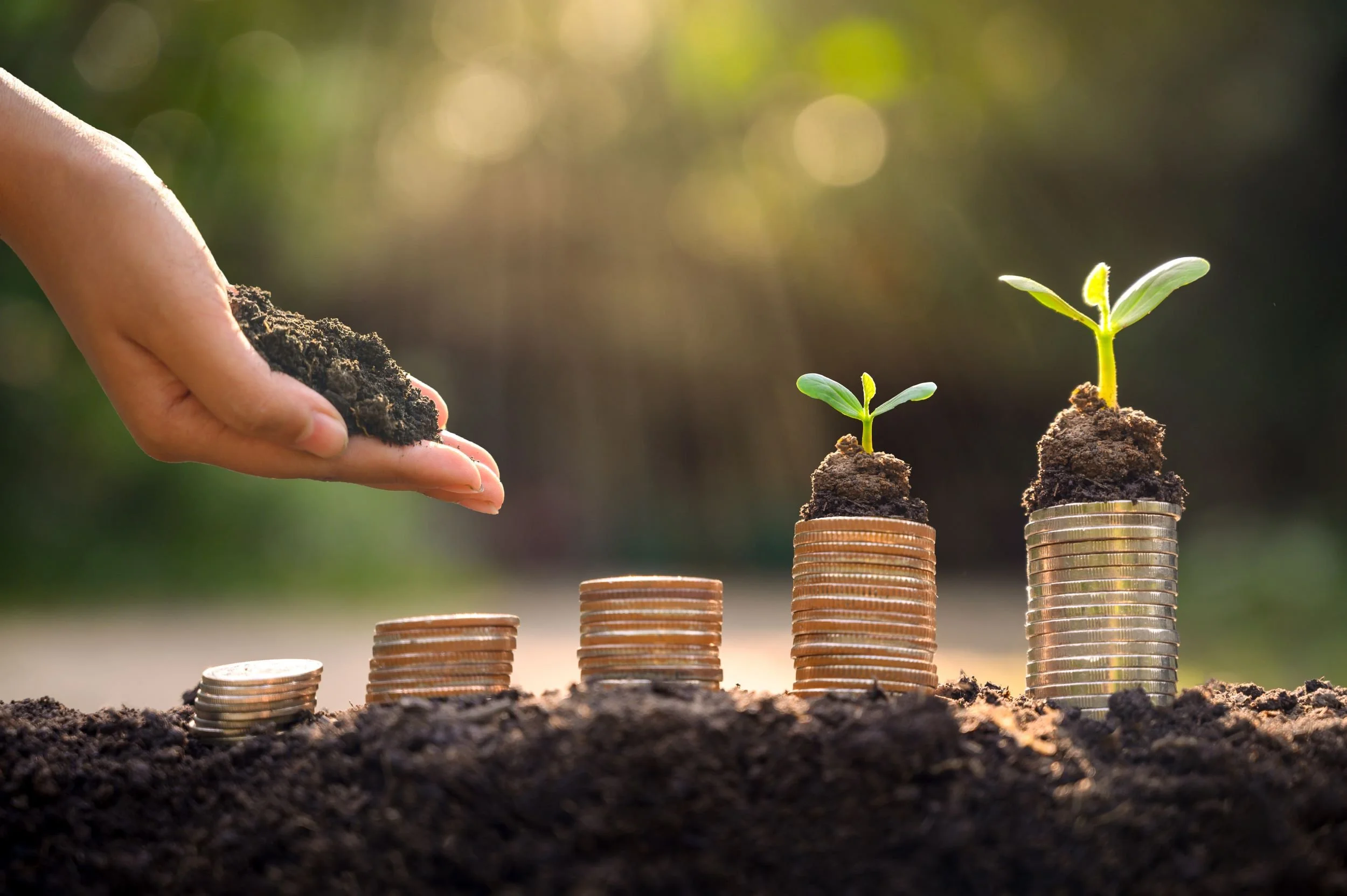 A woman’s hand gives soil to a series of stacked coins that grow a plant sprout