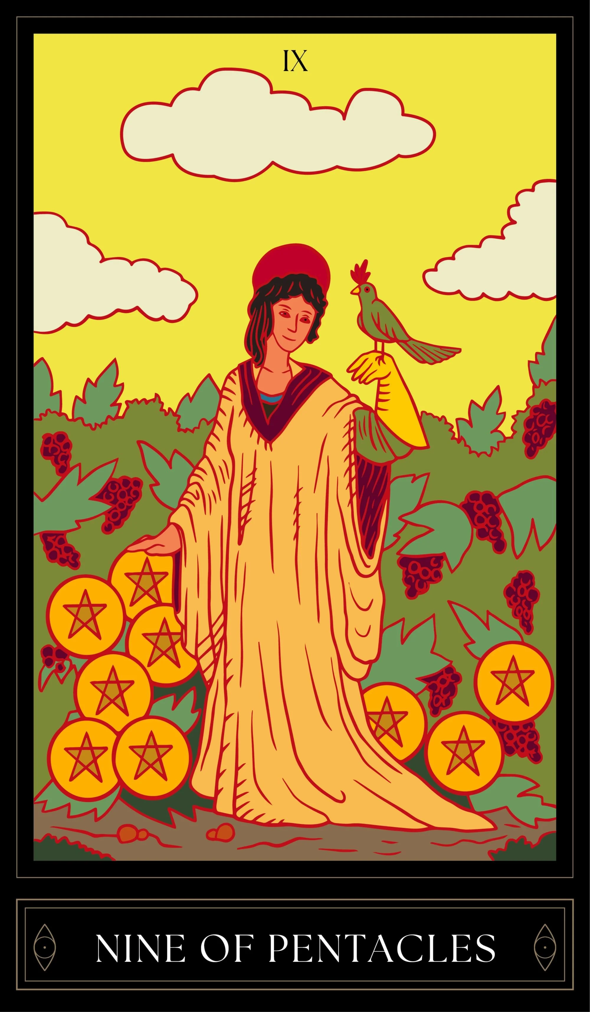 9 of Pentacles successful woman with grapes bushes and her bird companion