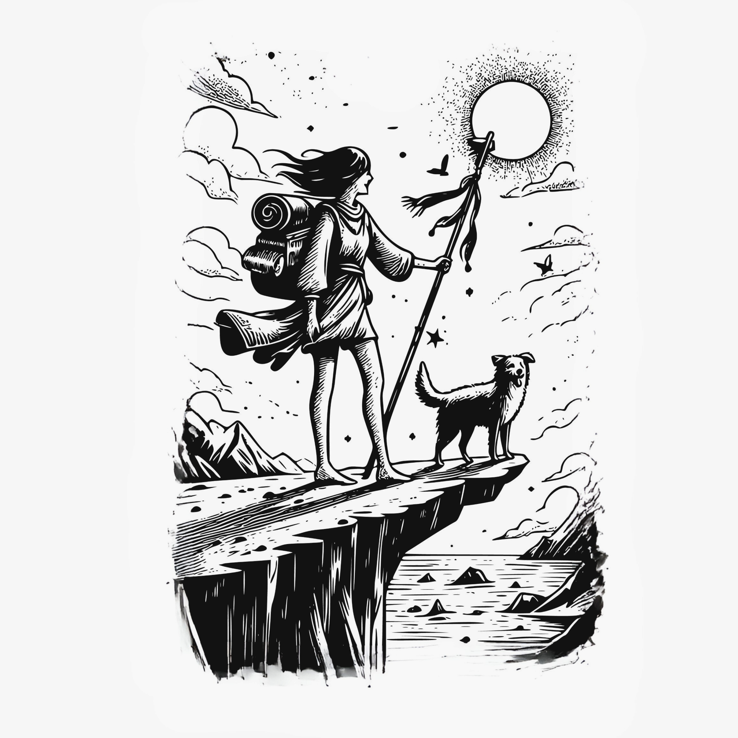 Inspired by The Fool tarot card, a woman explorer stands on cliff with her dog guide