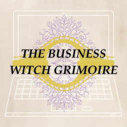 Logo titled 'The Business Witch Grimoire' featuring a purple magic tree and gold bridge over a laptop