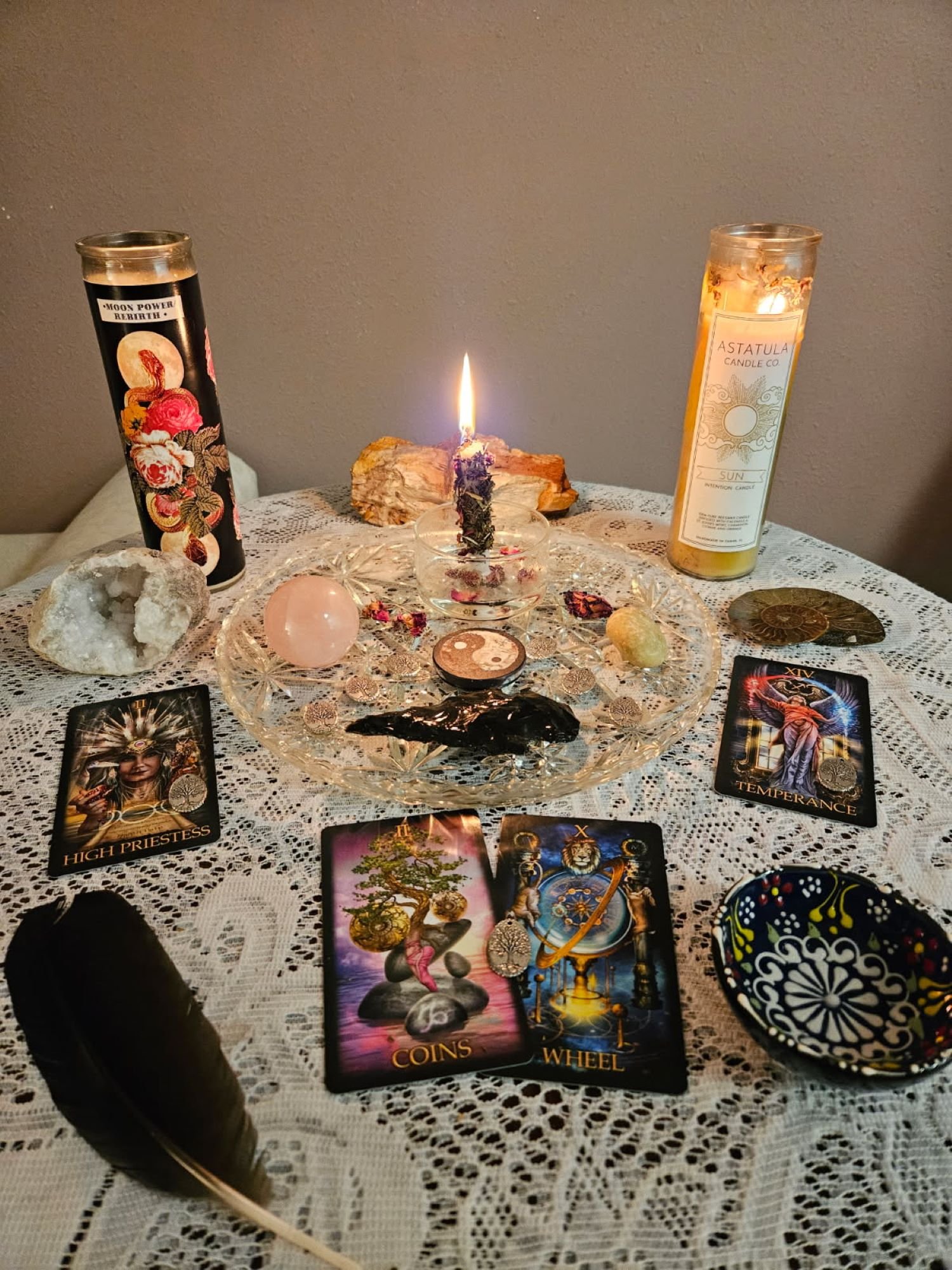 Sun and Moon candle spell with rose petals, obsidian arrow head, and more at Psychic Medium Witch shop in Walnut Creek