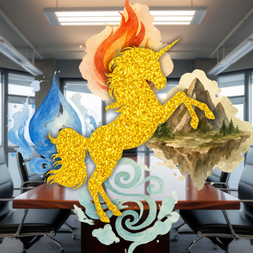 Gold unicorn rears with four elements in office meeting room