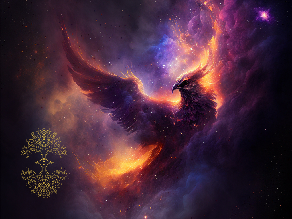 A phoenix flies in a celestial nebula