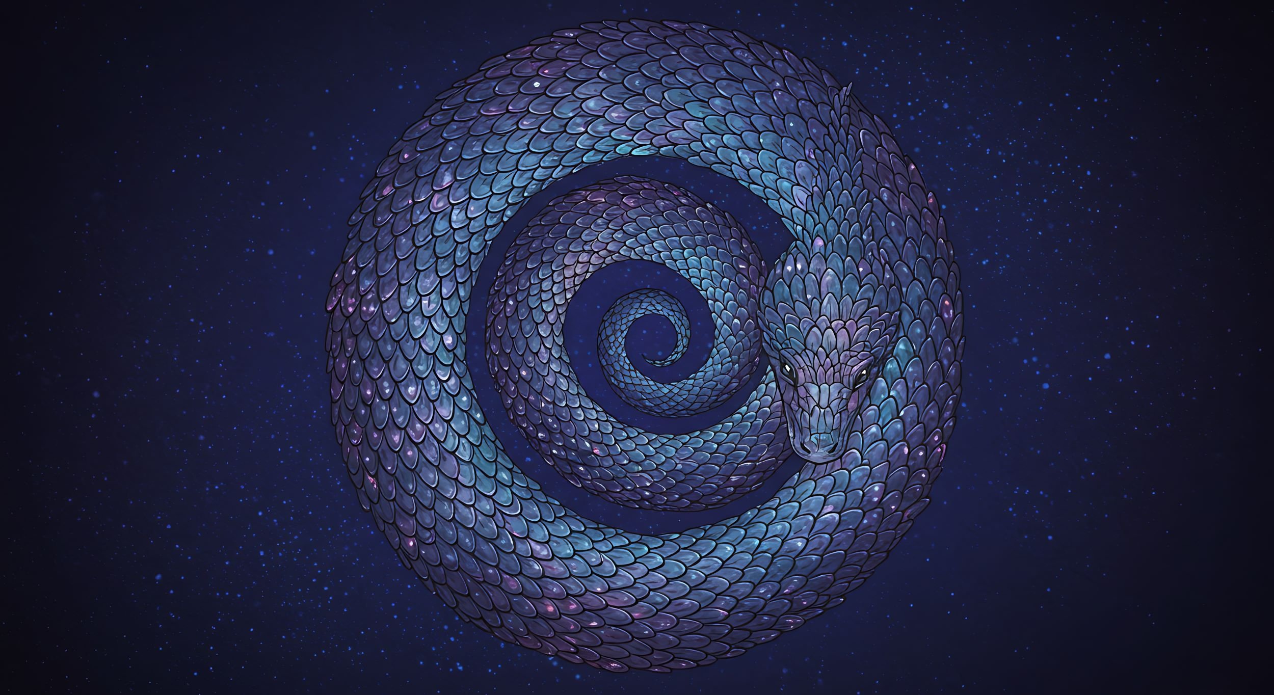 A blue and purple snake lies coiled into spiral symbol