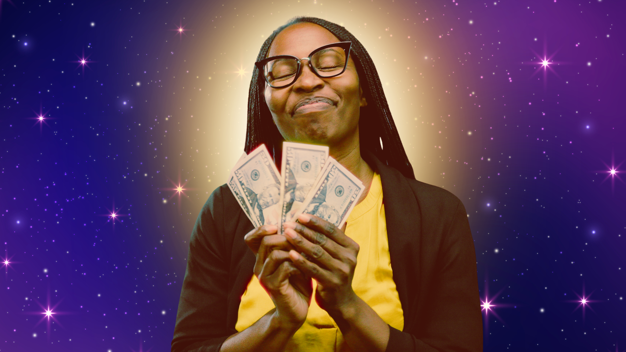Woman glows while holding money in her hands with stars behind