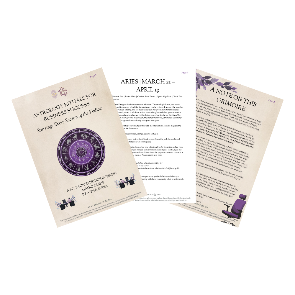 Three pages from the free zodiac ritual guide from My Sacred Bridge