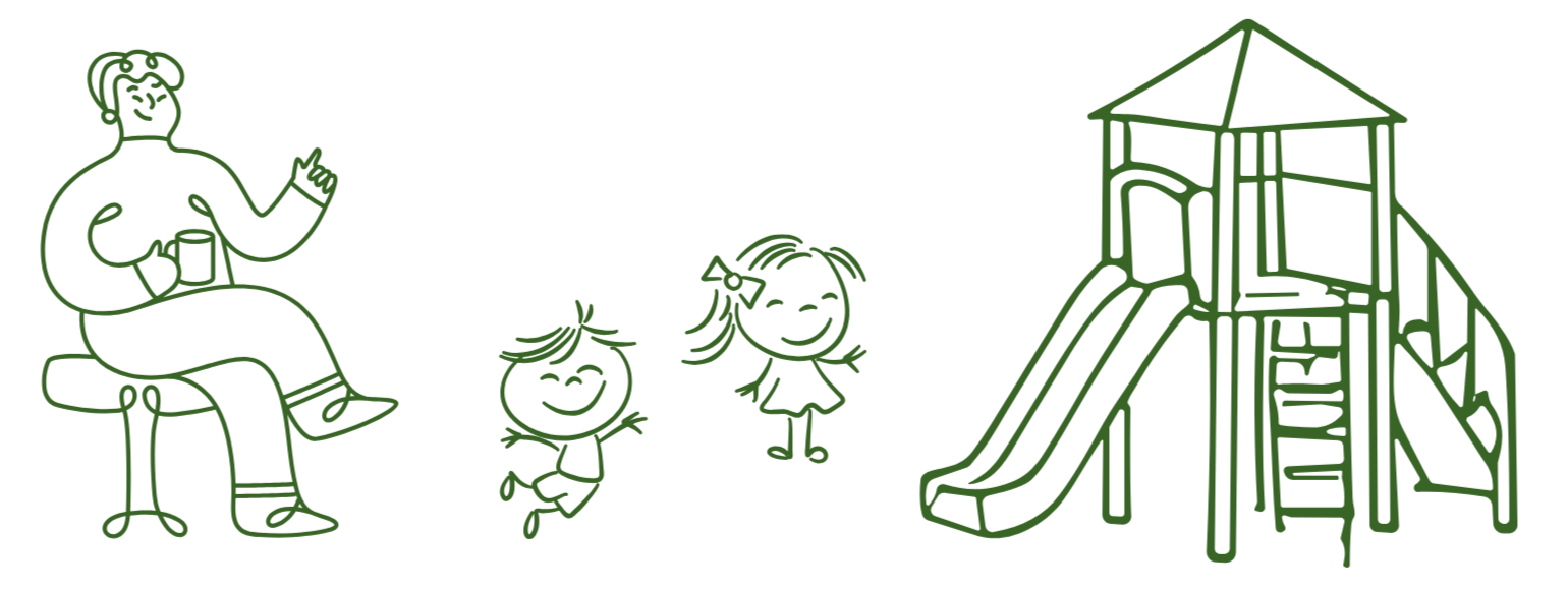 Line drawing of a parent sipping coffee while watching their two smiling children playing at the playground.