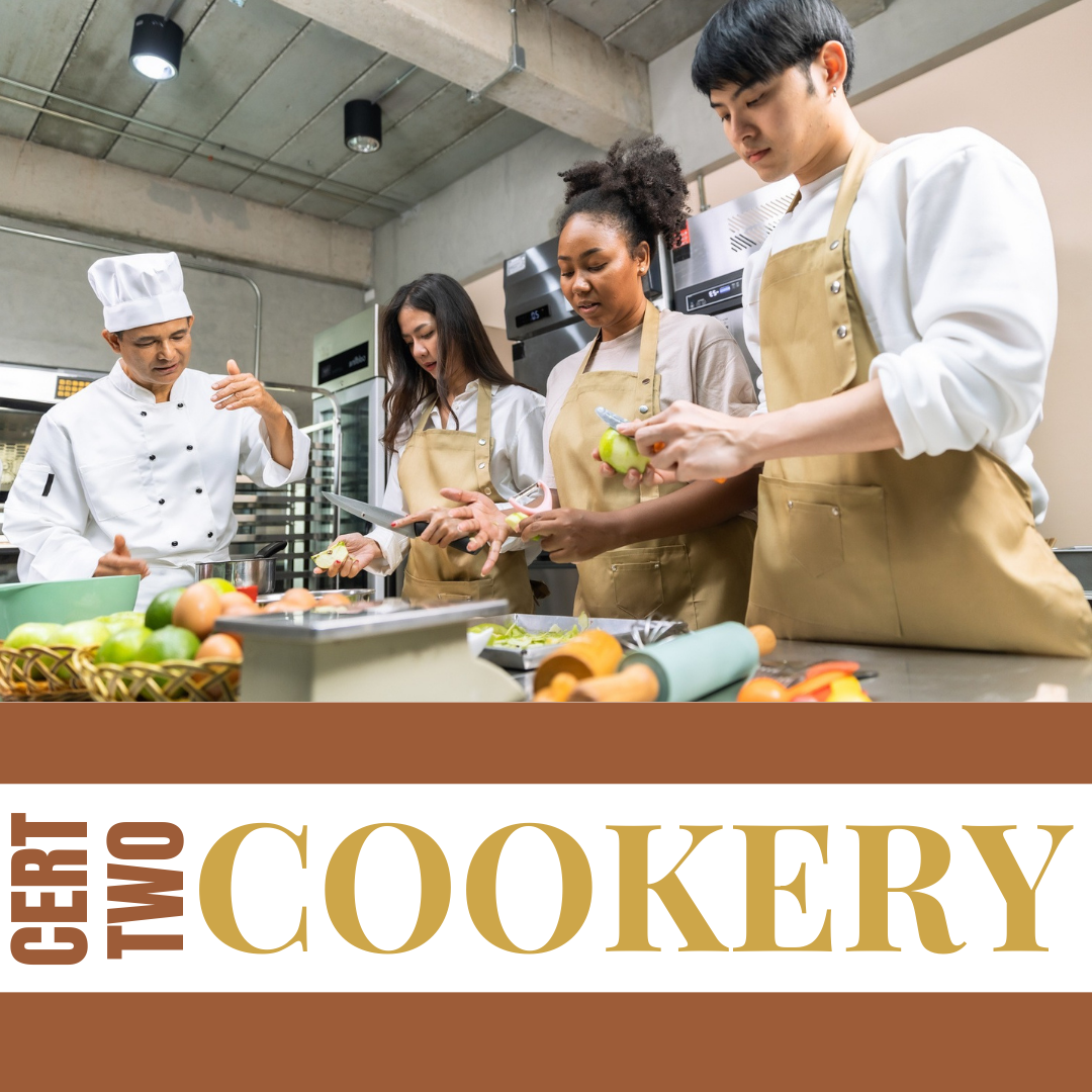 Certificate two in Cookery graphic cade showing 3 people attending a cooking class in an industrial kitchen.