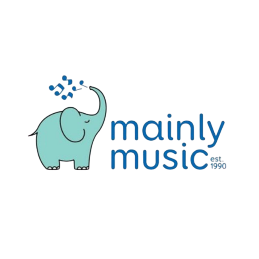 Logo for 'Mainly Music' featuring a cartoon light blue elephant with a curved trunk playing musical notes, with the text 'mainly music' in blue letters.