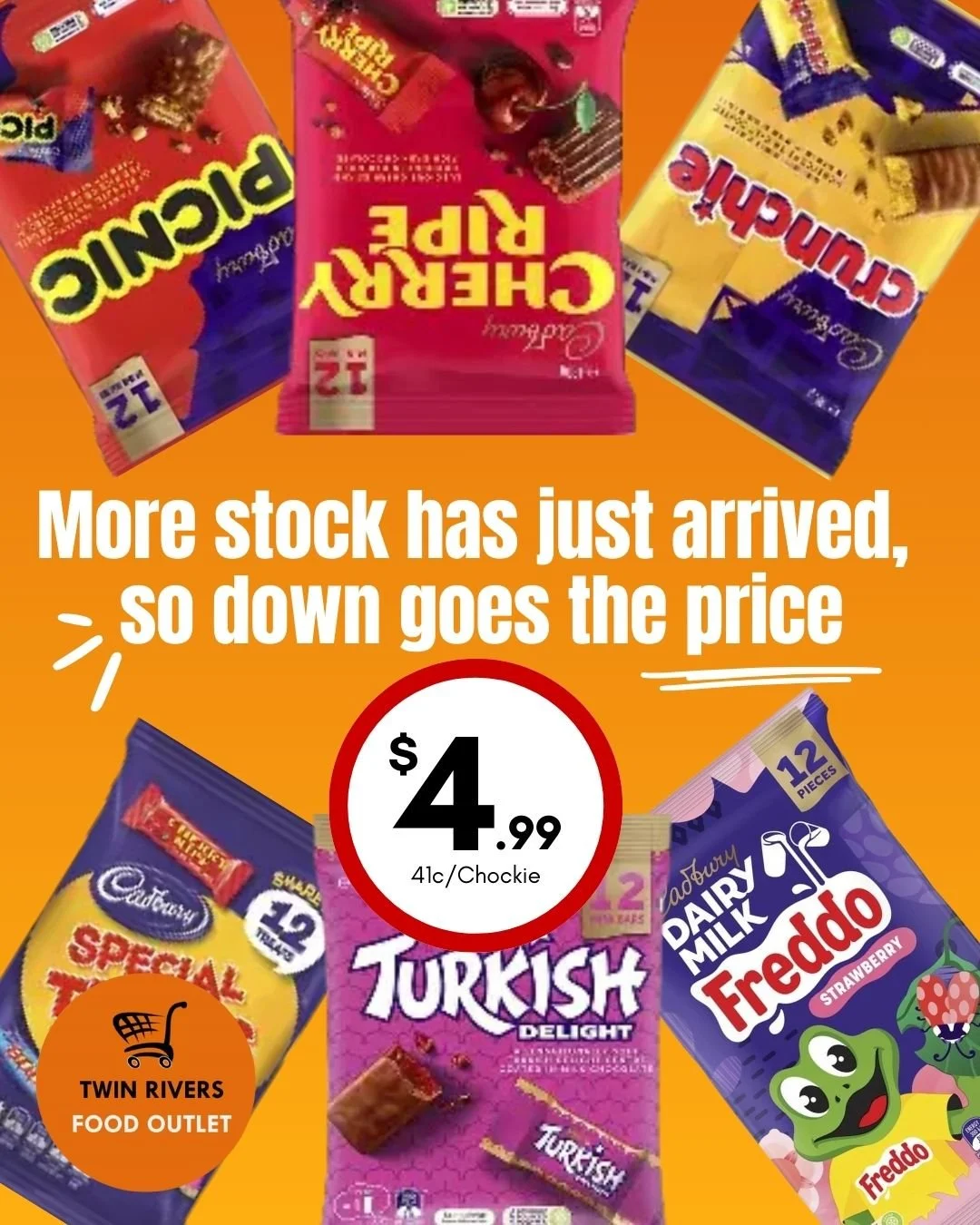 Aussie Chockies!
Don't pay $7 at the supermarket
Save $3 💵💵💵at THE TWIN RIVERS FOOD OUTLET
 #backtoschoolsale #LunchBoxEssentials #FoodSale #foodoutlet #Chocoholics #cadbury