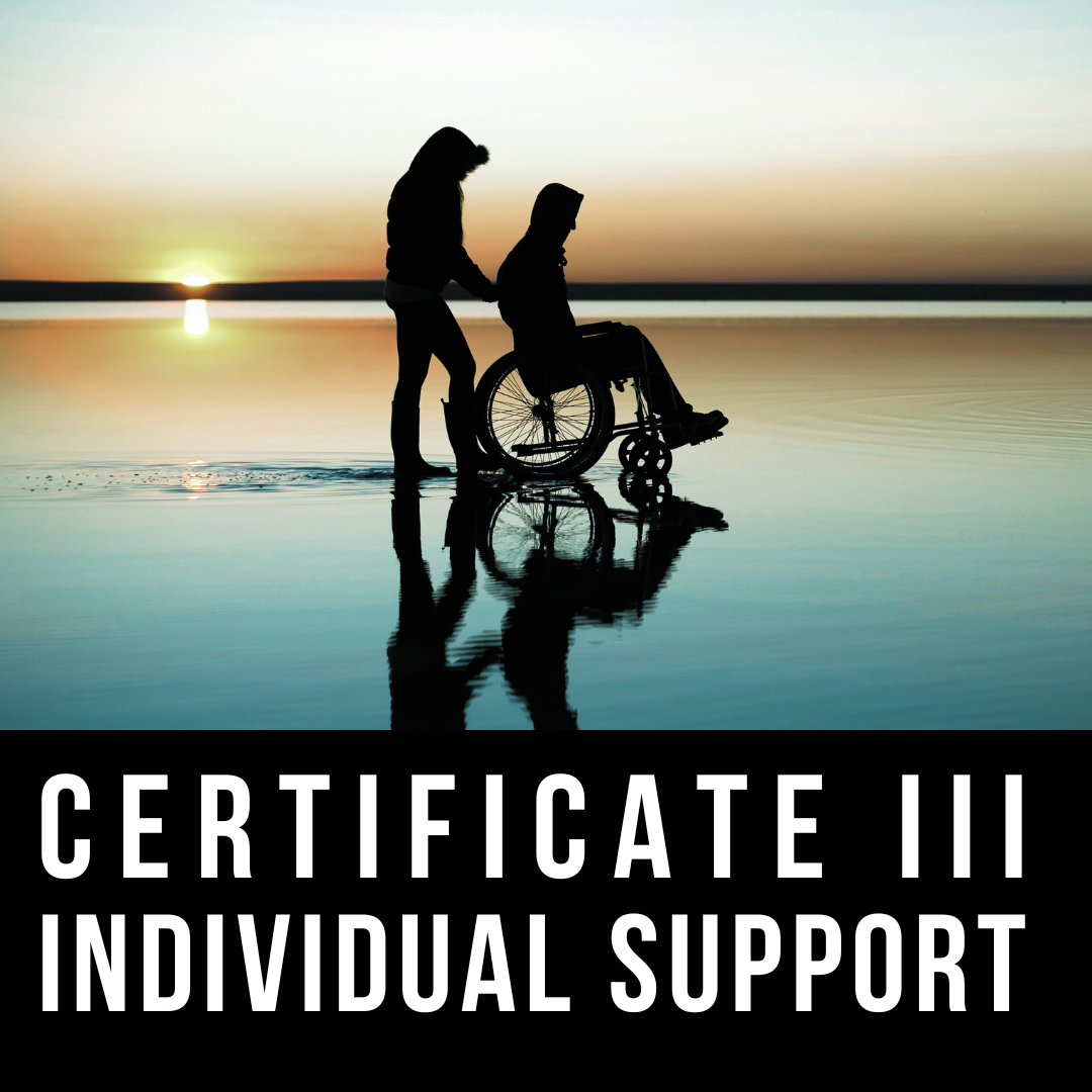 Certificate three in individual support graphic card showing a person pushing another in a wheelchair.