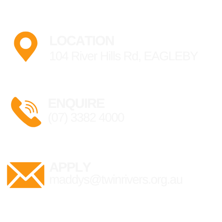 Contact information including location at 104 River Hills Rd, Eagleby, phone number (07) 3382 4000, and email maddy@twinrivers.org.au.