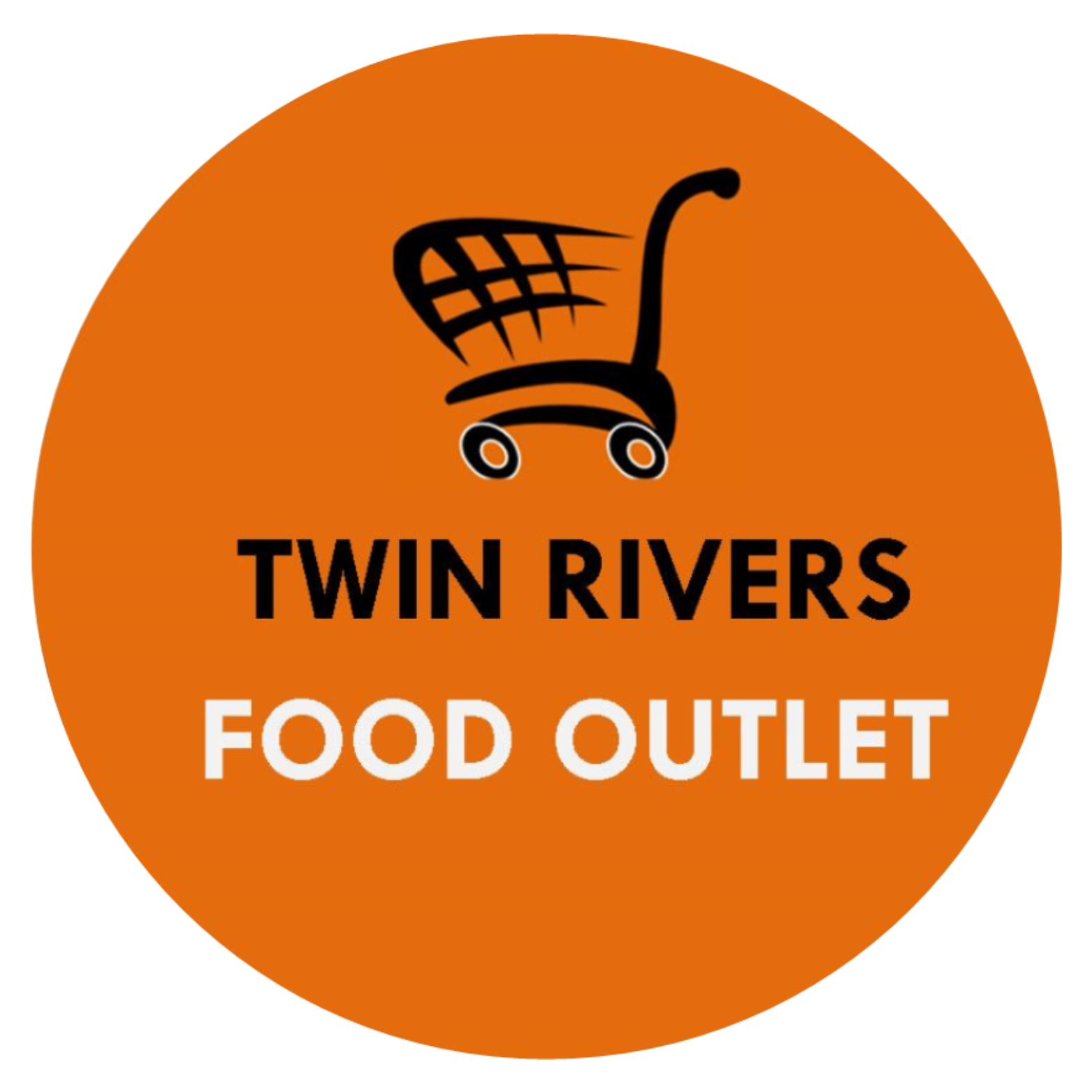 Logo of Twin Rivers Food Outlet with a shopping cart graphic and orange circular background.