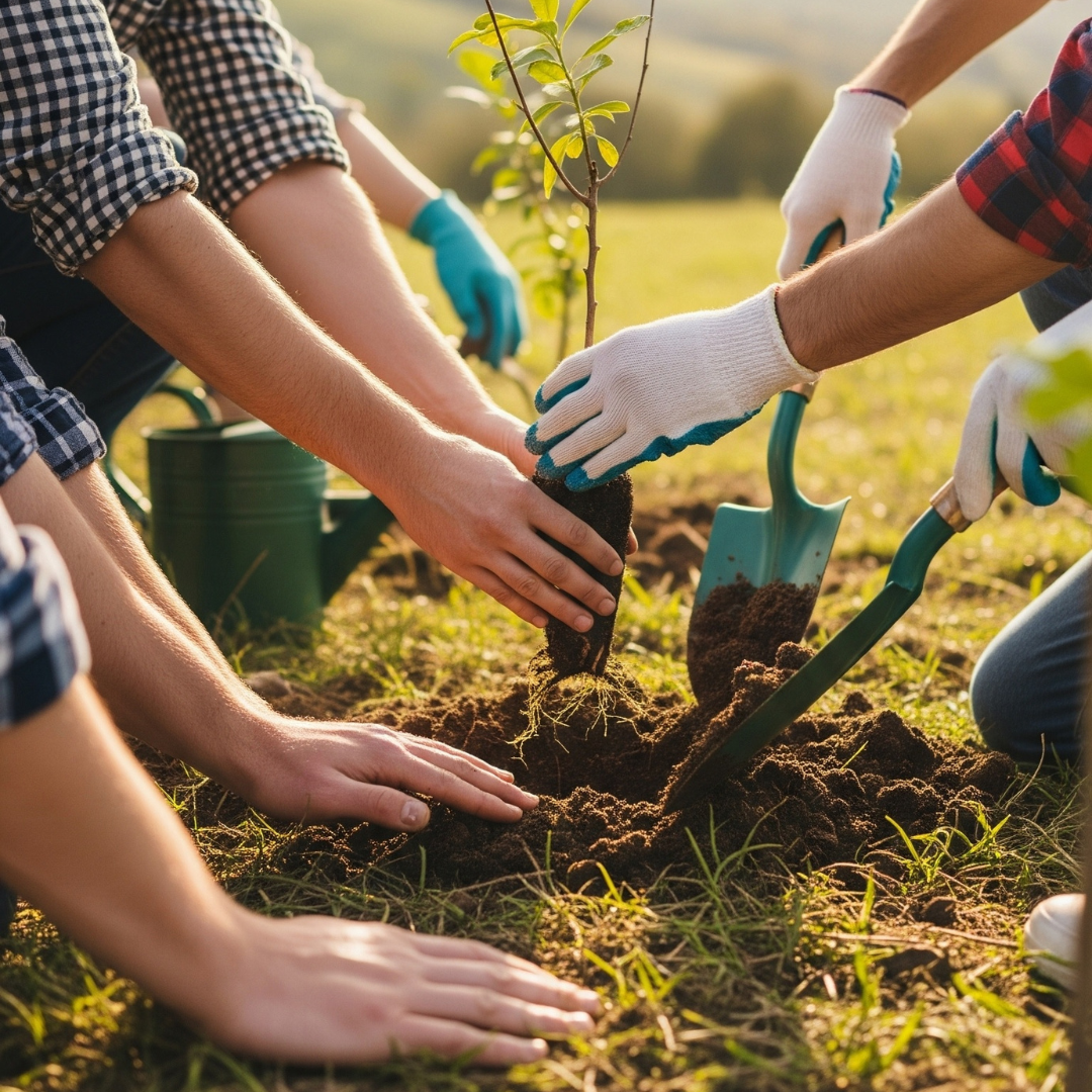People planting a young tree in the ground during daylight.