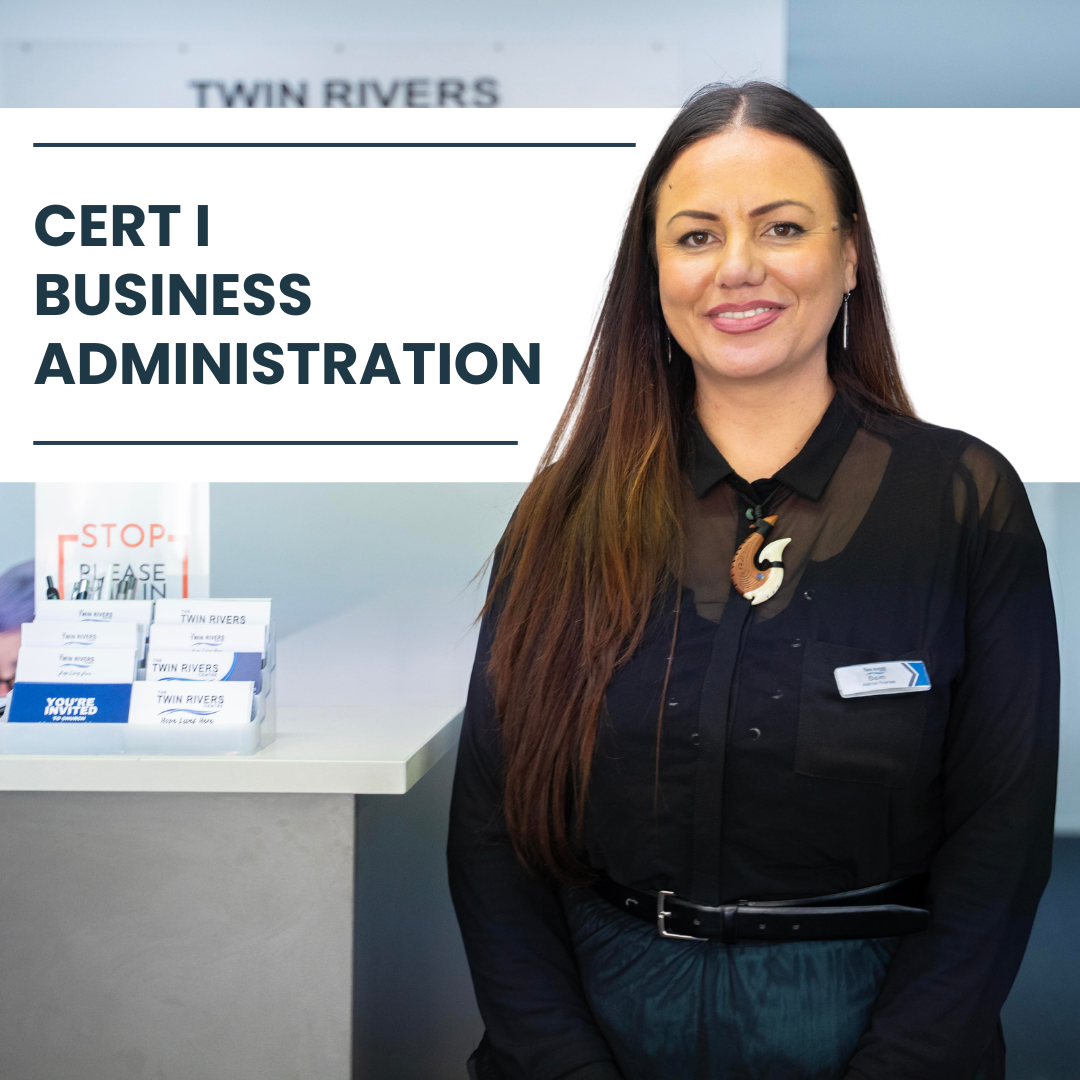 Certificate one in business administration graphic card showing our friendly receptionist, Dom at the twin rivers centre. Dom is wearing a necklace with a Mouri pendant.
