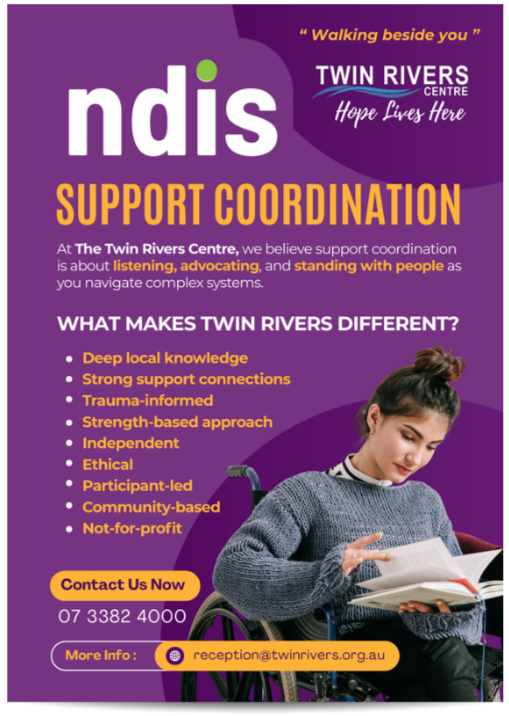 A support coordination flyer for Twin Rivers Centre highlighting their focus on listening, advocating, and supporting people.
