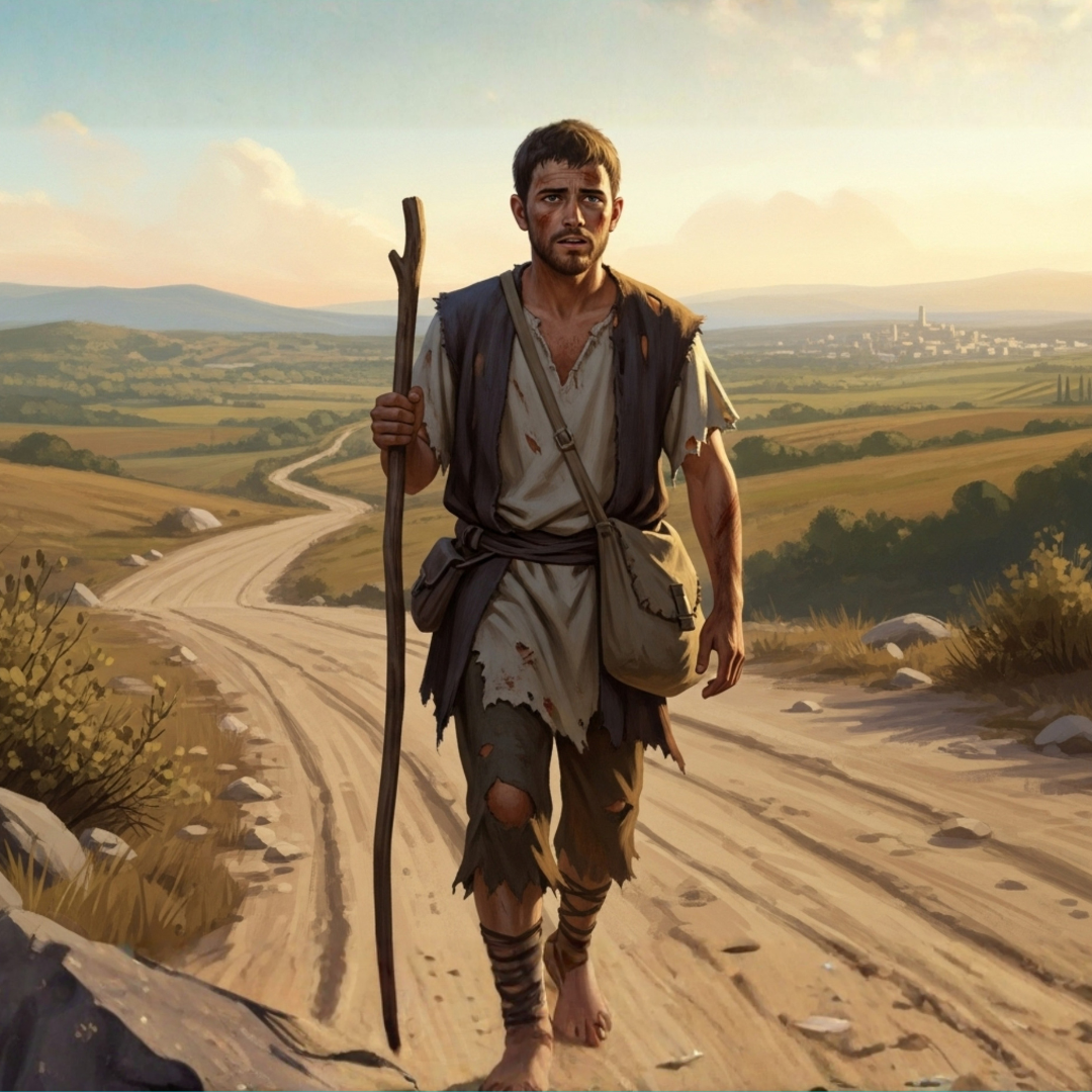 A man walking on a dirt road at sunset, holding a walking stick, wearing tattered clothing, with a distant city skyline in the background.