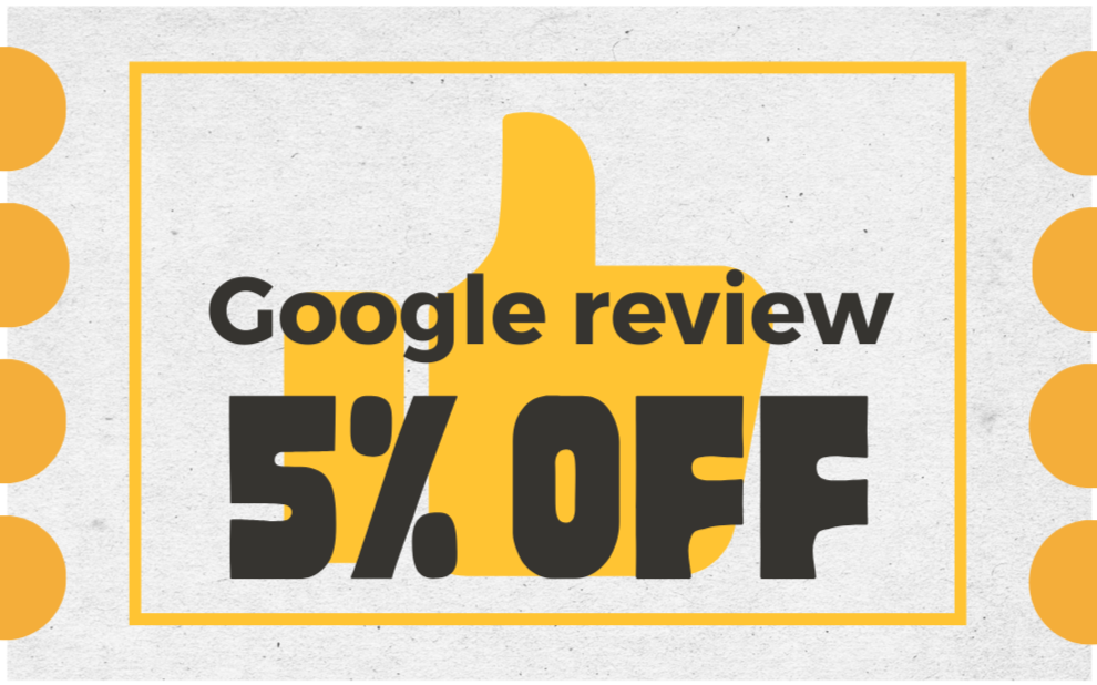 A promotional graphic Google review 5% OFF.