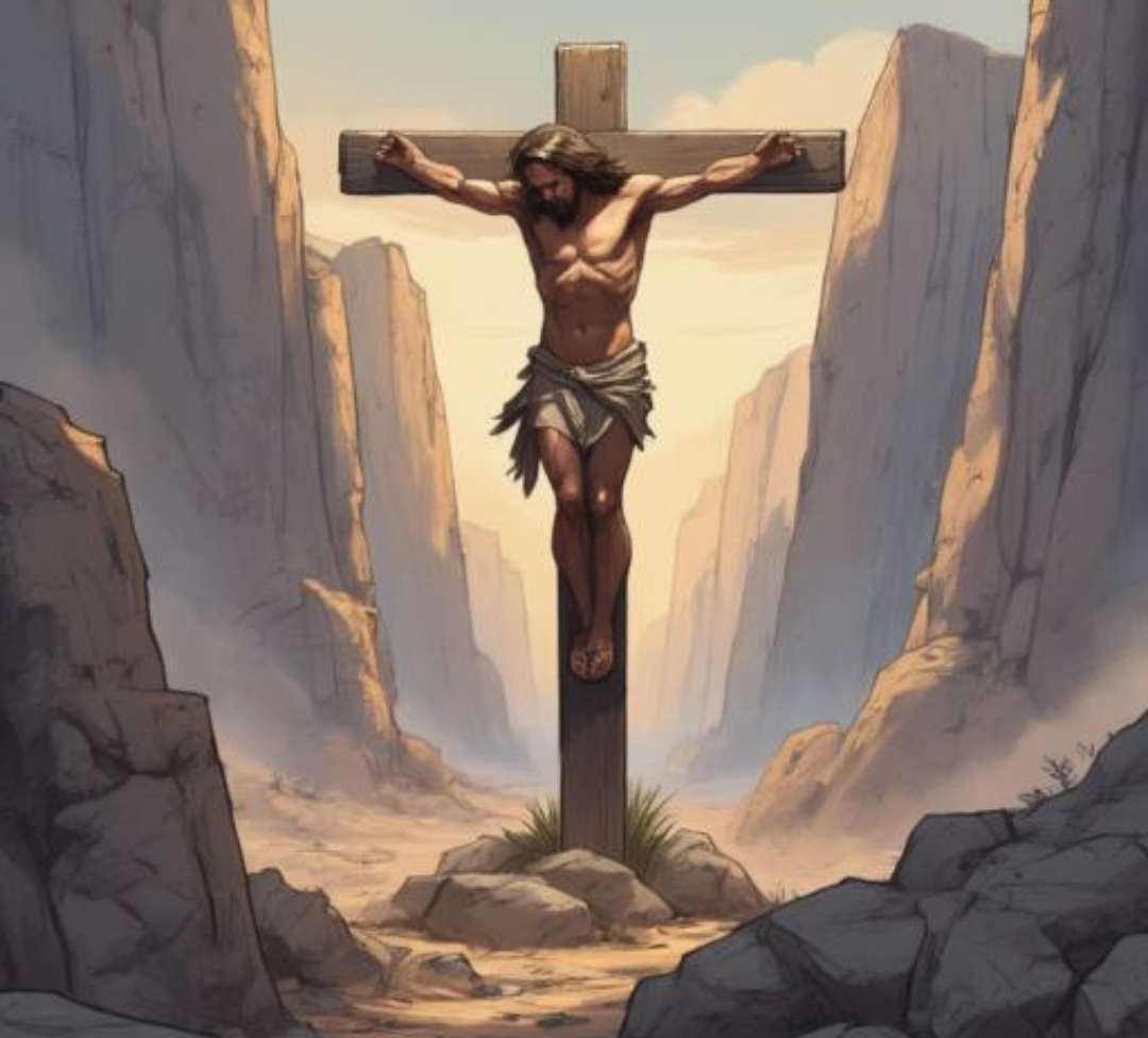 Illustration of Jesus Christ crucified on a wooden cross in a desert landscape with rocky cliffs in the background and a cloudy sky.