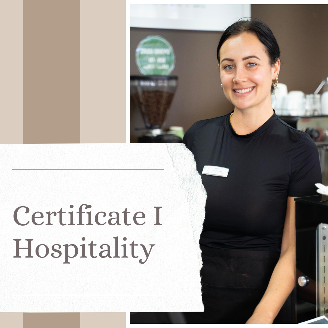 Certificate one in hospitality graphic card showing our friendly barista Jamie, in the Rivers cafe kitchen.