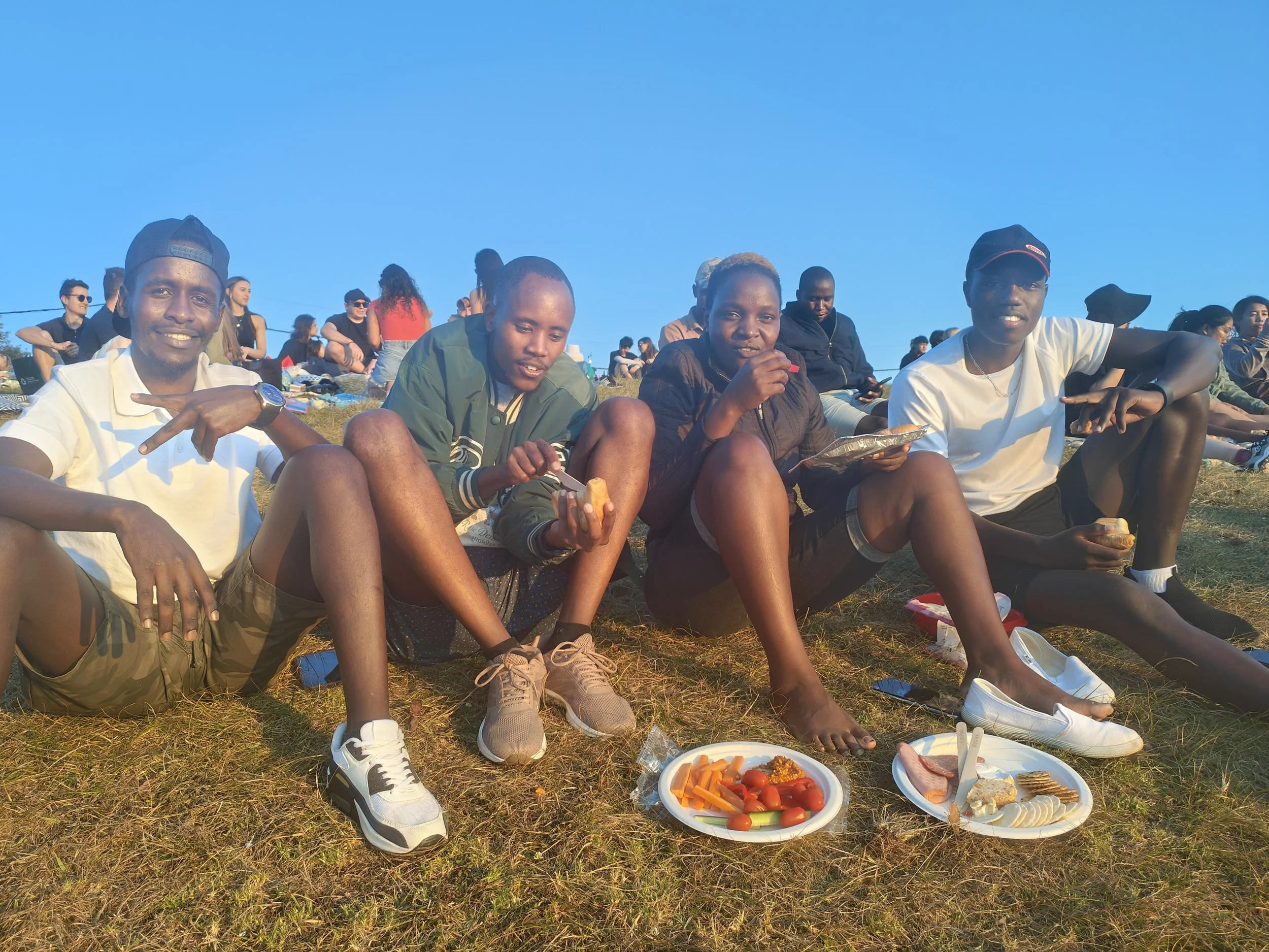 Four young men sitting on the grass at a picnic, eating food with plates of vegetables, sliced meat, and crackers in front of them, with other people in the background on a sunny day.
