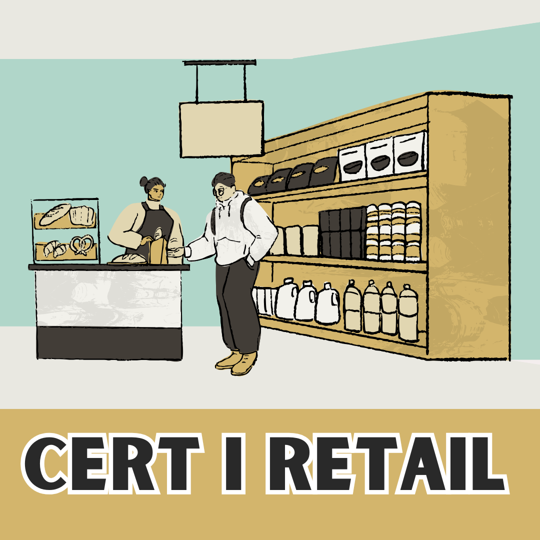 Certificate one in retail graphic card showing a typical checkout at a grocery store.