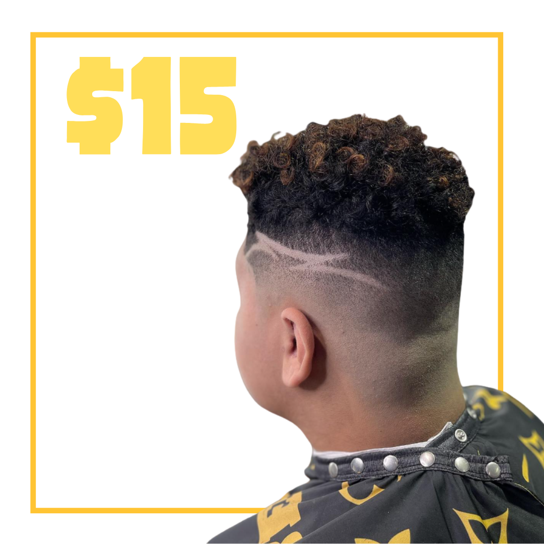 Male client inside a barber shop showing cut design, with text saying $15 design.