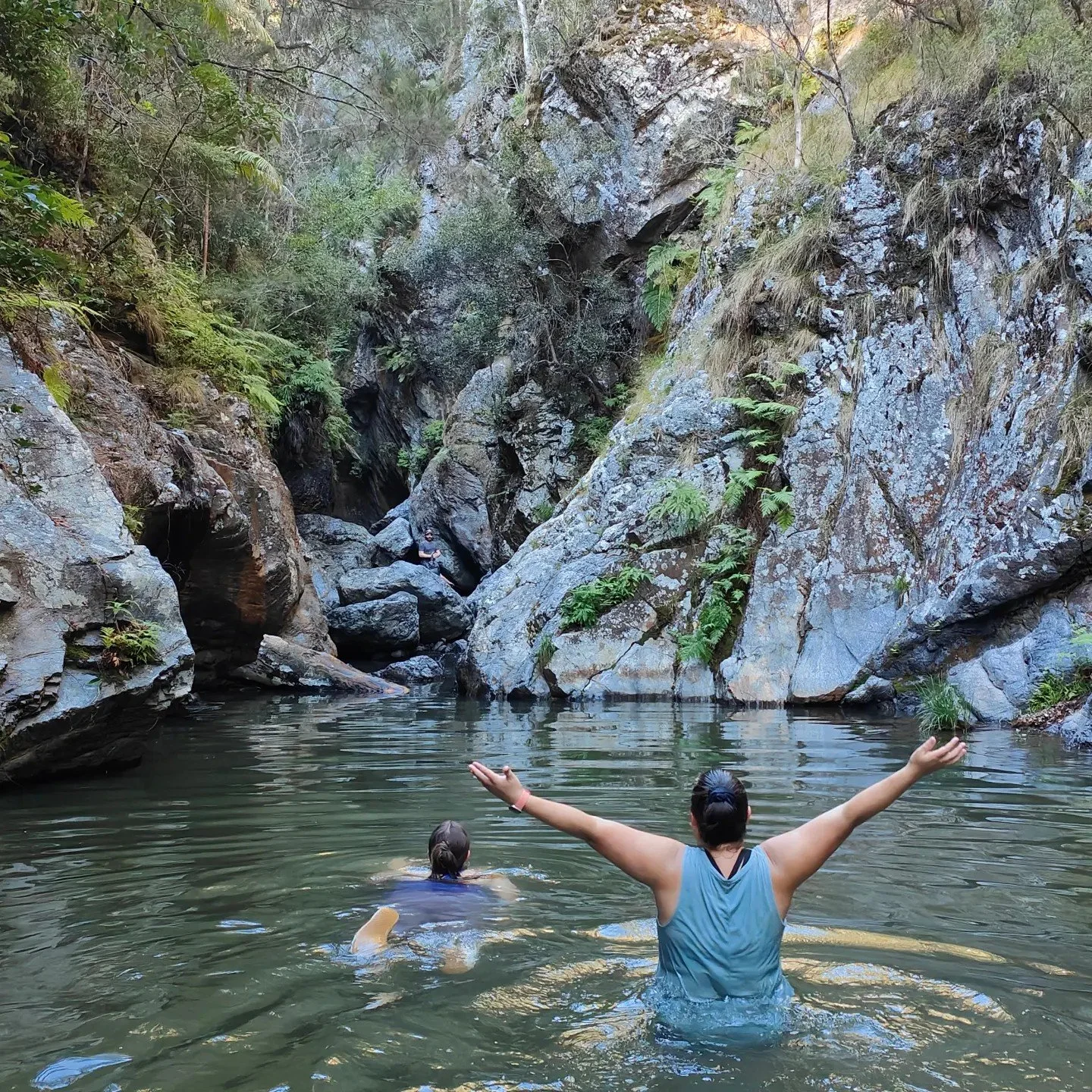 A person in a blue shirt with arms outstretched stands waist-deep in a river surrounded by rocks and lush greenery in a canyon.
