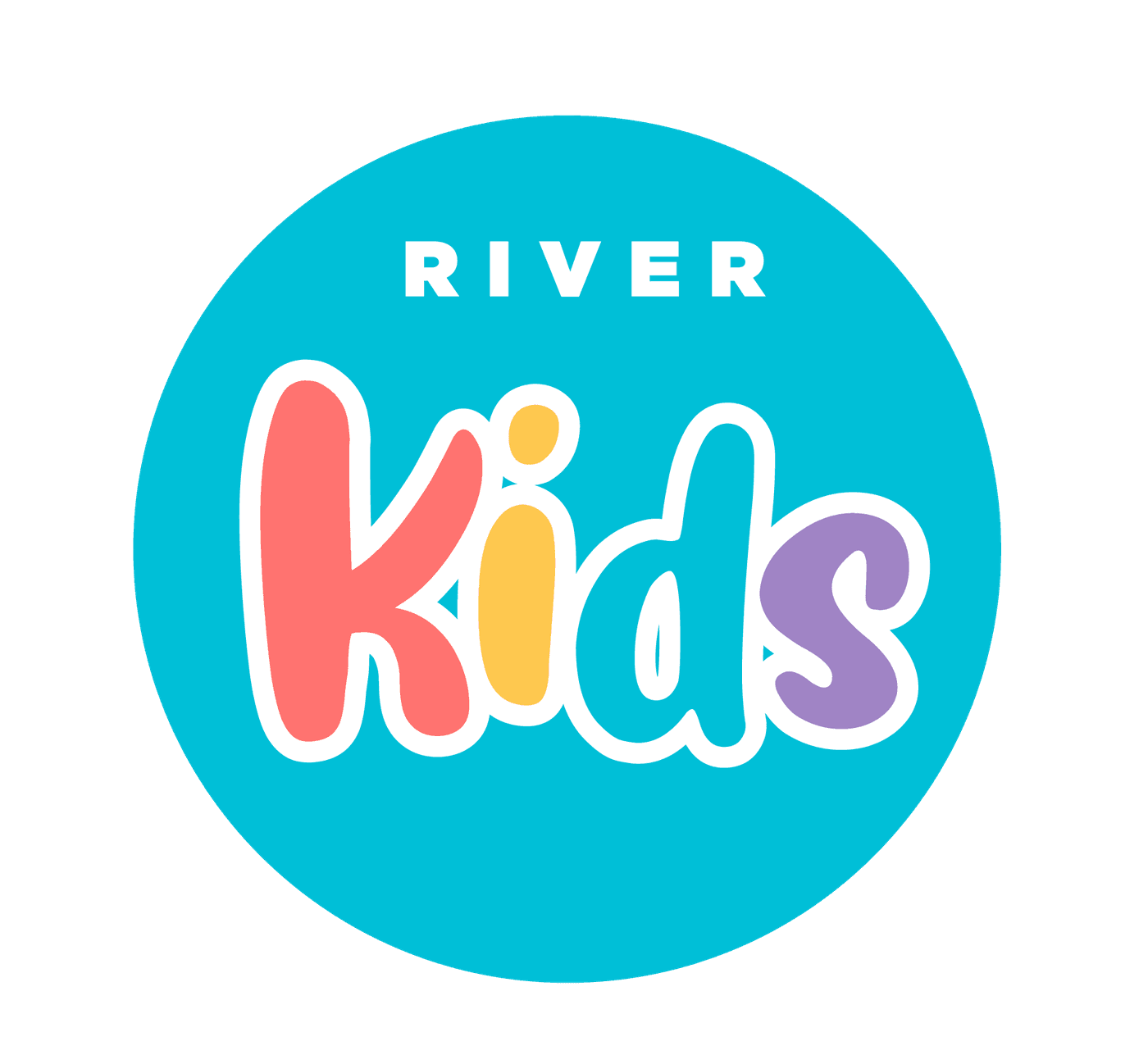 Logo for River Kids, featuring colorful, playful text with a blue circular background.