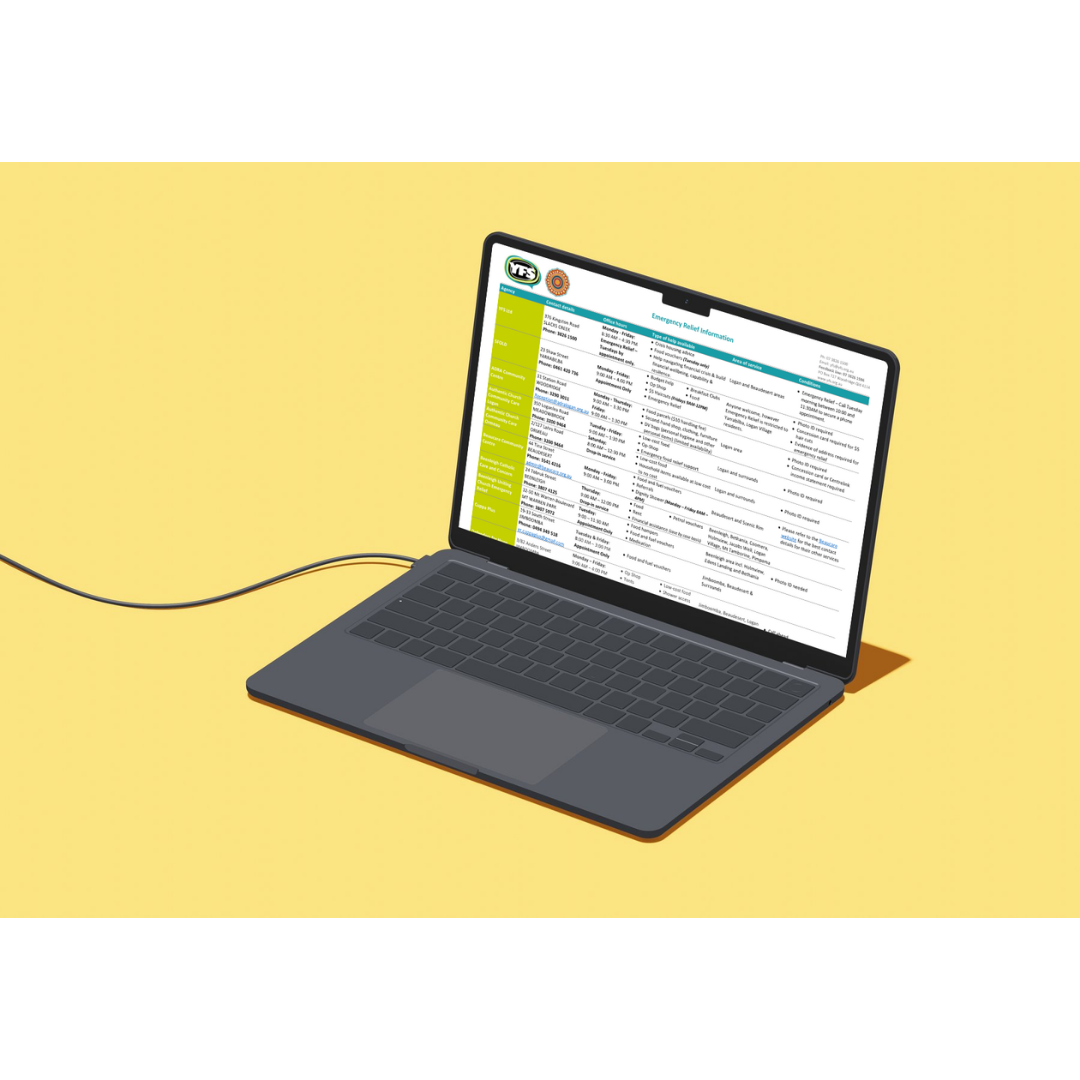 A laptop displaying an emergency relief information website with a yellow background.