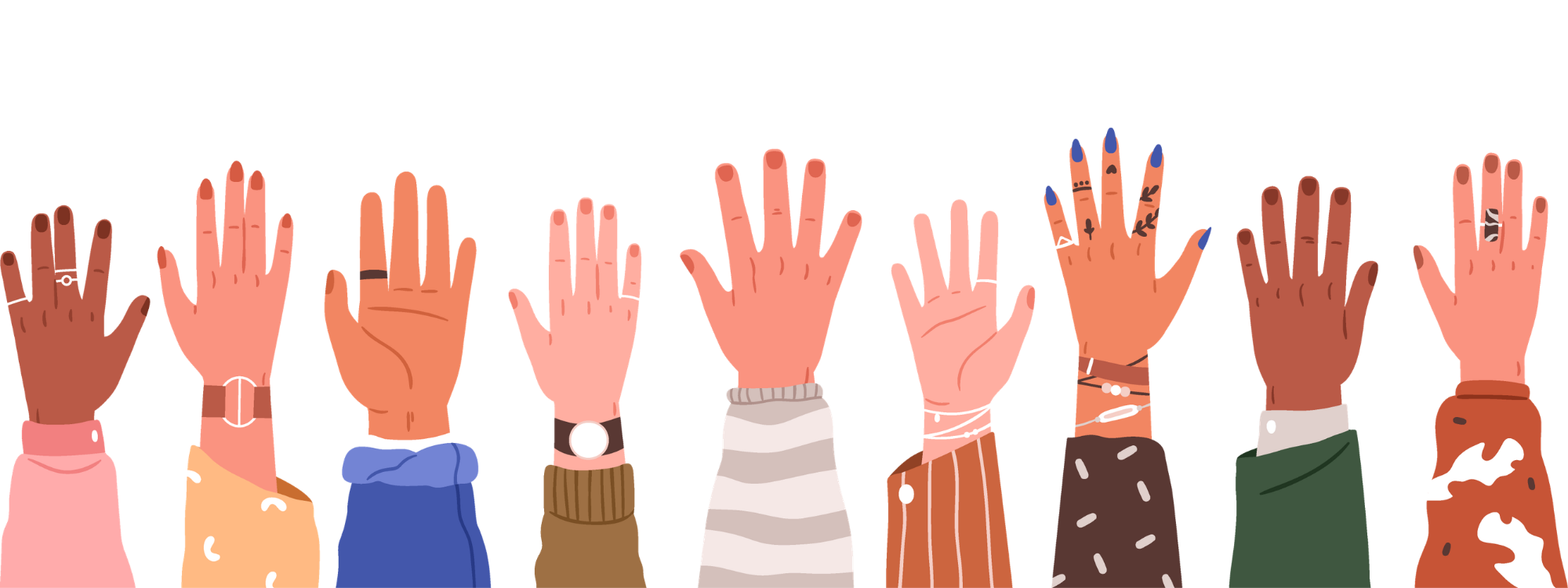 Multiple diverse hands raised in the air, showing different skin tones, jewelry, and clothing styles.