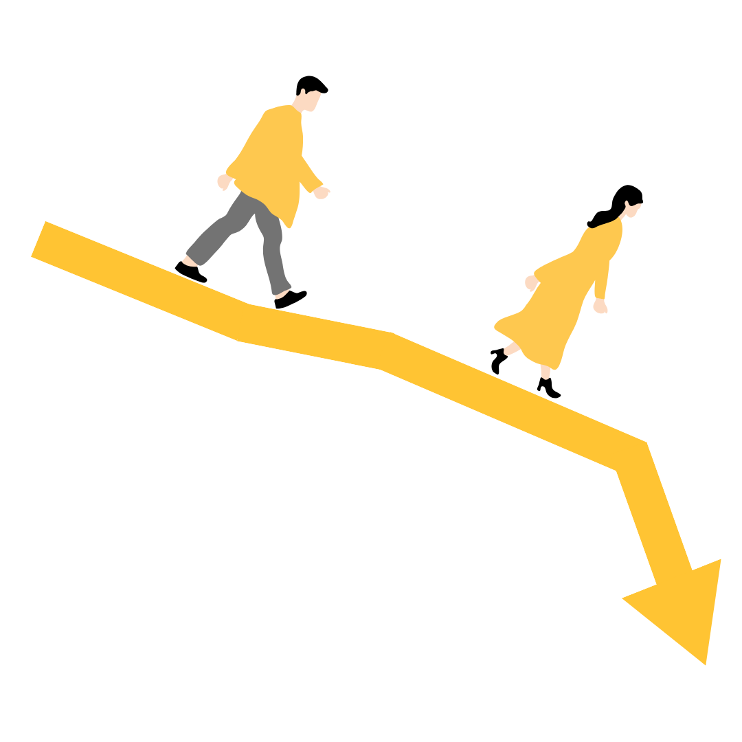 A graphics illustration of the word 'DEBT' with a yellow downward arrow and two people in yellow coats walking down the arrow.