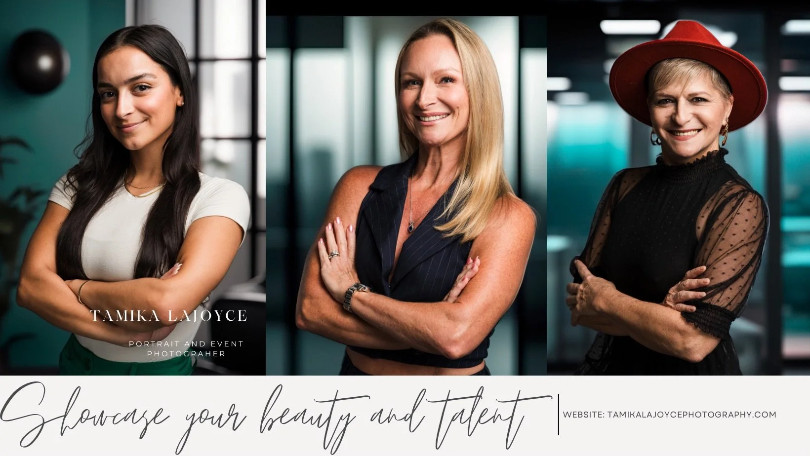 Three portrait photos of women, from left to right: a young woman with long dark hair wearing a white top, an older woman with long blonde hair wearing a sleeveless dark pinstripe top, and an older woman with short blonde hair wearing a black sheer top and red hat.