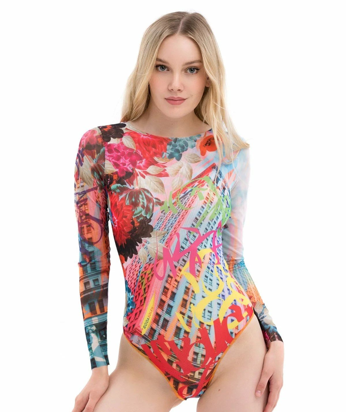 Graffiti Tan Through One Piece Swimsuit With Sleeves