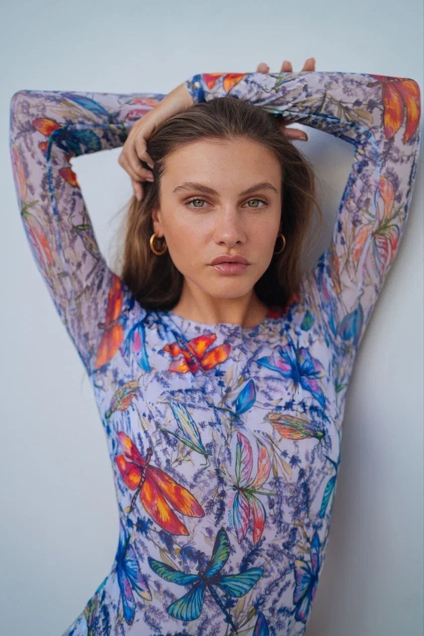 Dragonflies Tan Through One Piece Swimsuit With Sleeves