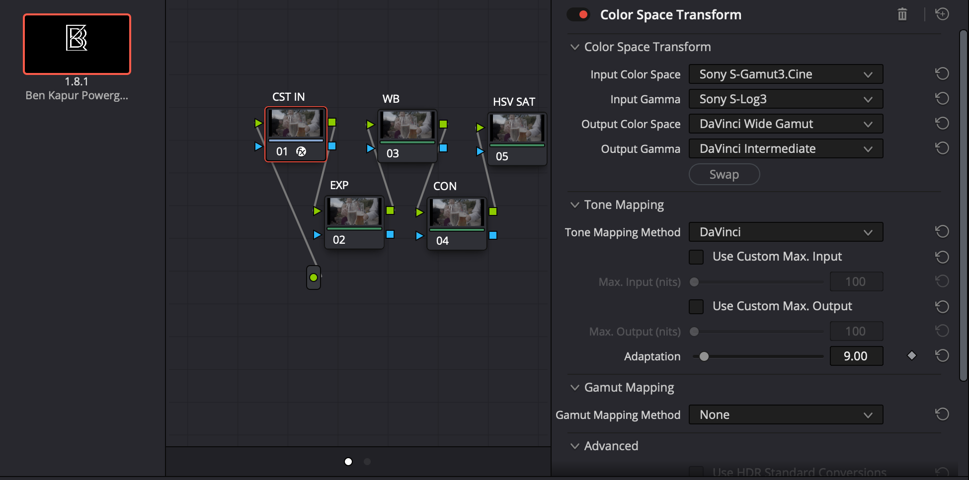Screenshot of a color space transformation workspace with nodes and settings, including input and output color space options, tone mapping, and gamma adjustments.