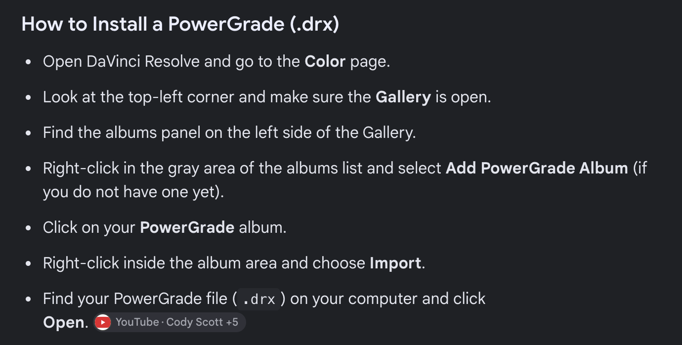 Screenshot of a tutorial on how to install a PowerGrade (.drx) file in DaVinci Resolve, with step-by-step instructions listed.