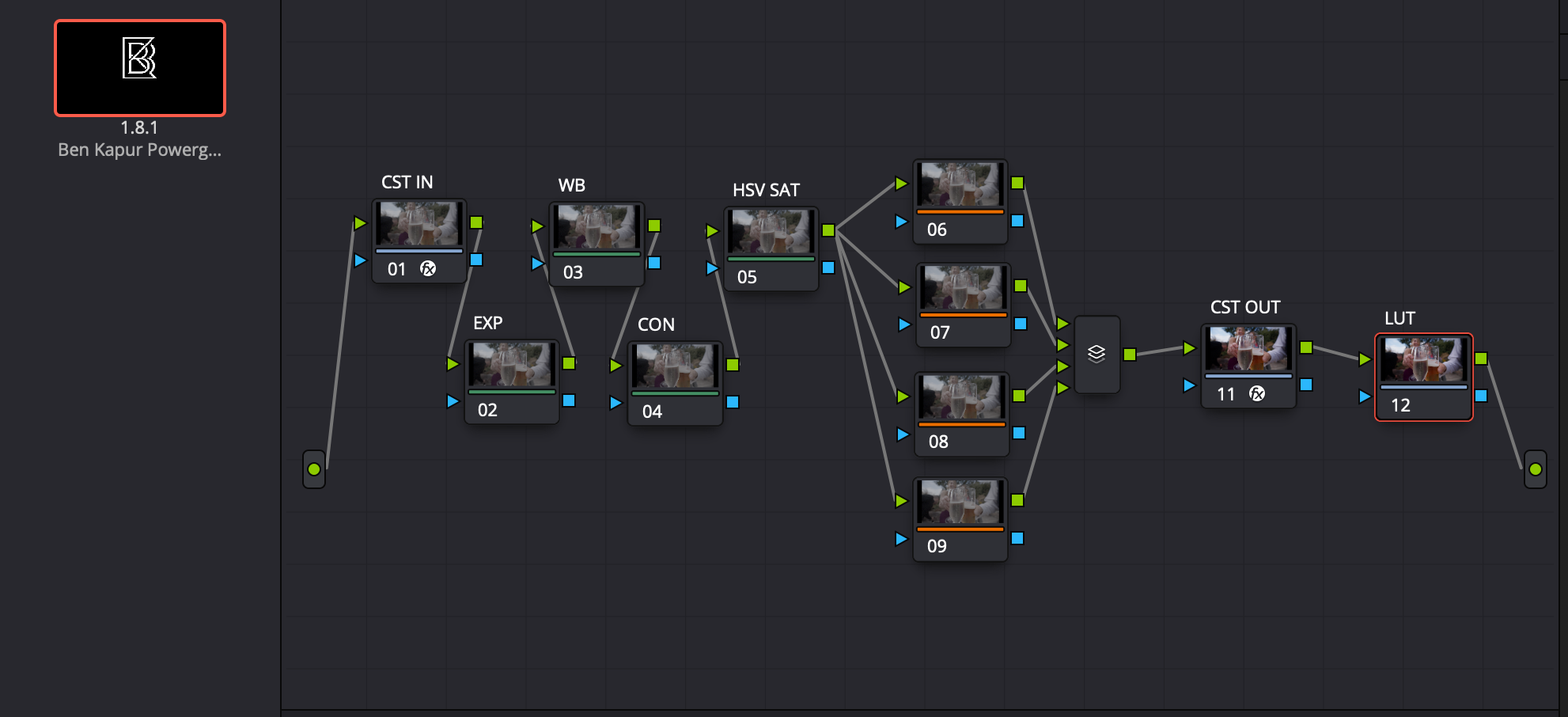 Screenshot of a visual effects node graph in a digital compositing software, showing interconnected nodes labeled with numbers and terms like 'CST IN', 'WB', 'HSV SAT', and 'CST OUT' with small preview images of a scene involving people and drinks.