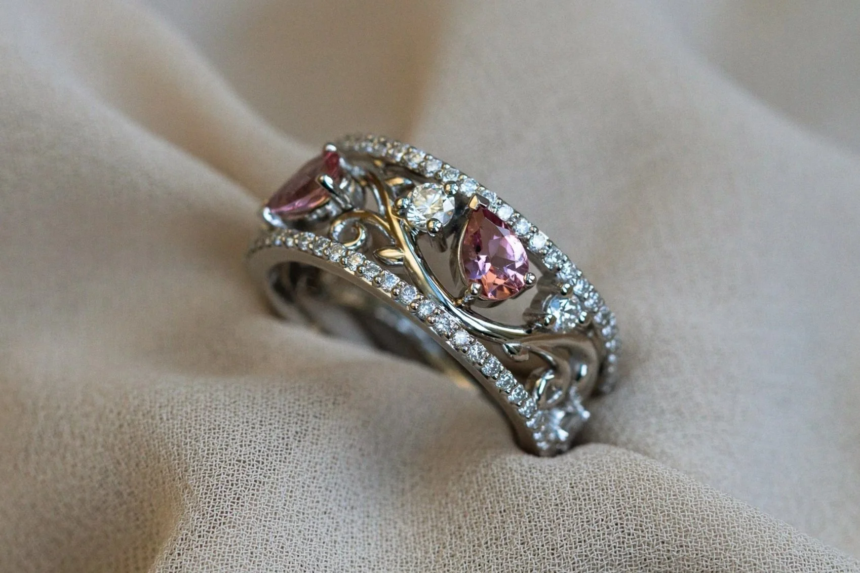 Heulwen-Lewis-Bespoke-Nature-Inspired-Pink-Tourmaline-Diamond-Wide-Dress-Ring