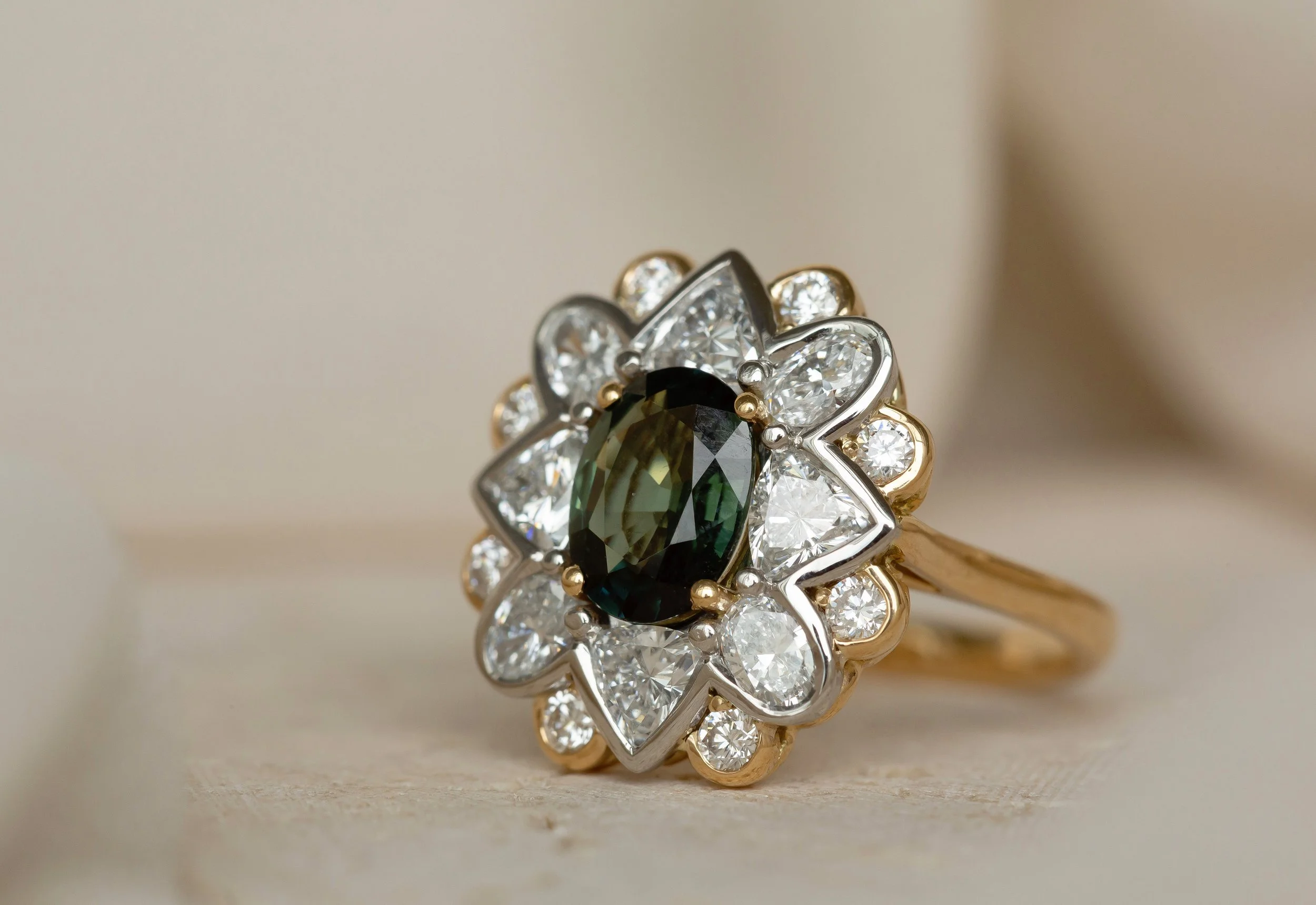 Heulwen-Lewis-Bespoke-Green-Sapphire-Diamond-Art Nouveau-Flower-Two-Tone-Cluster-Engagement-Ring-Remodel