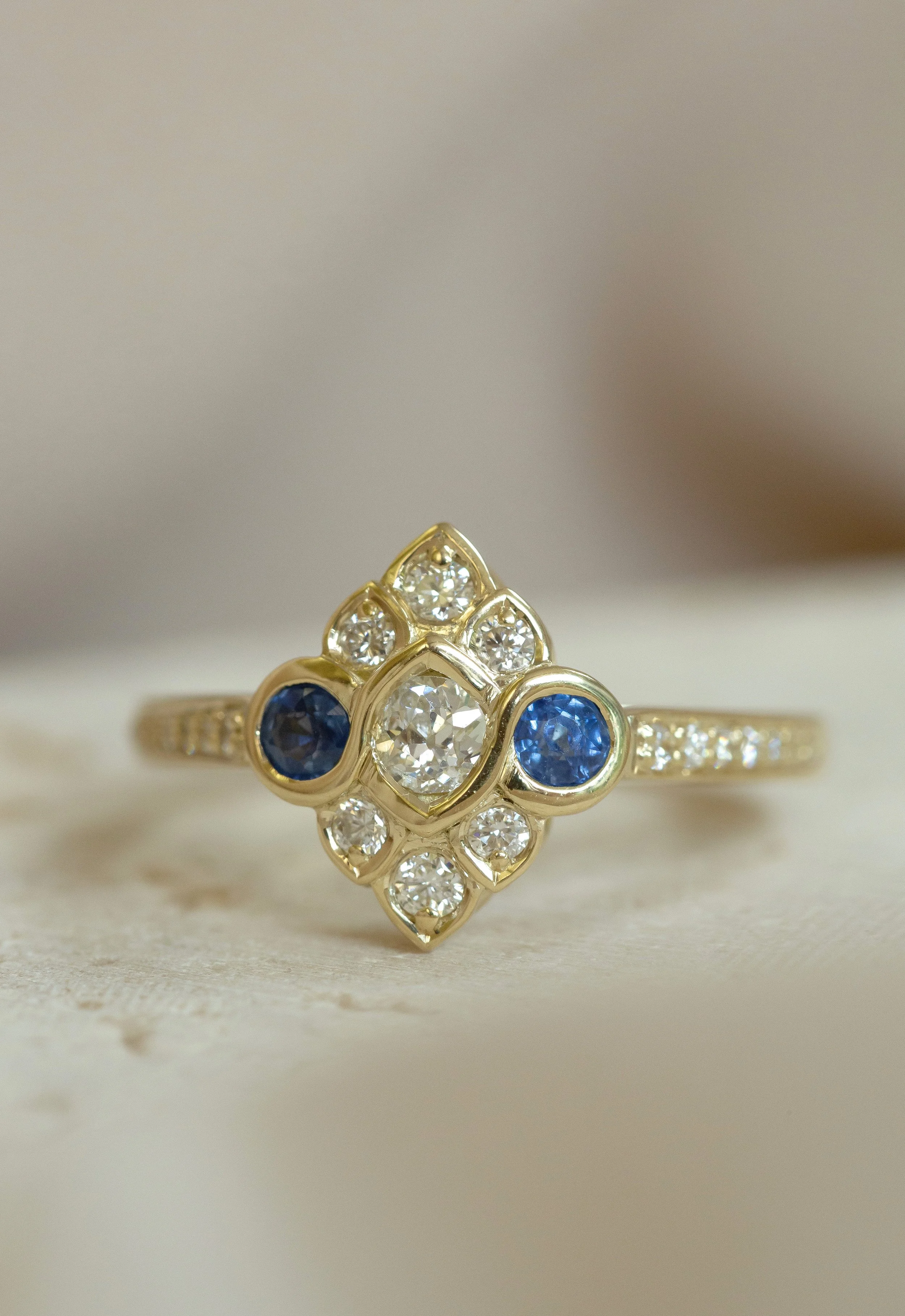 Heulwen-Lewis-Bespoke-Sapphire-Diamond-Art Nouveau-Cluster-Ring-Remodel