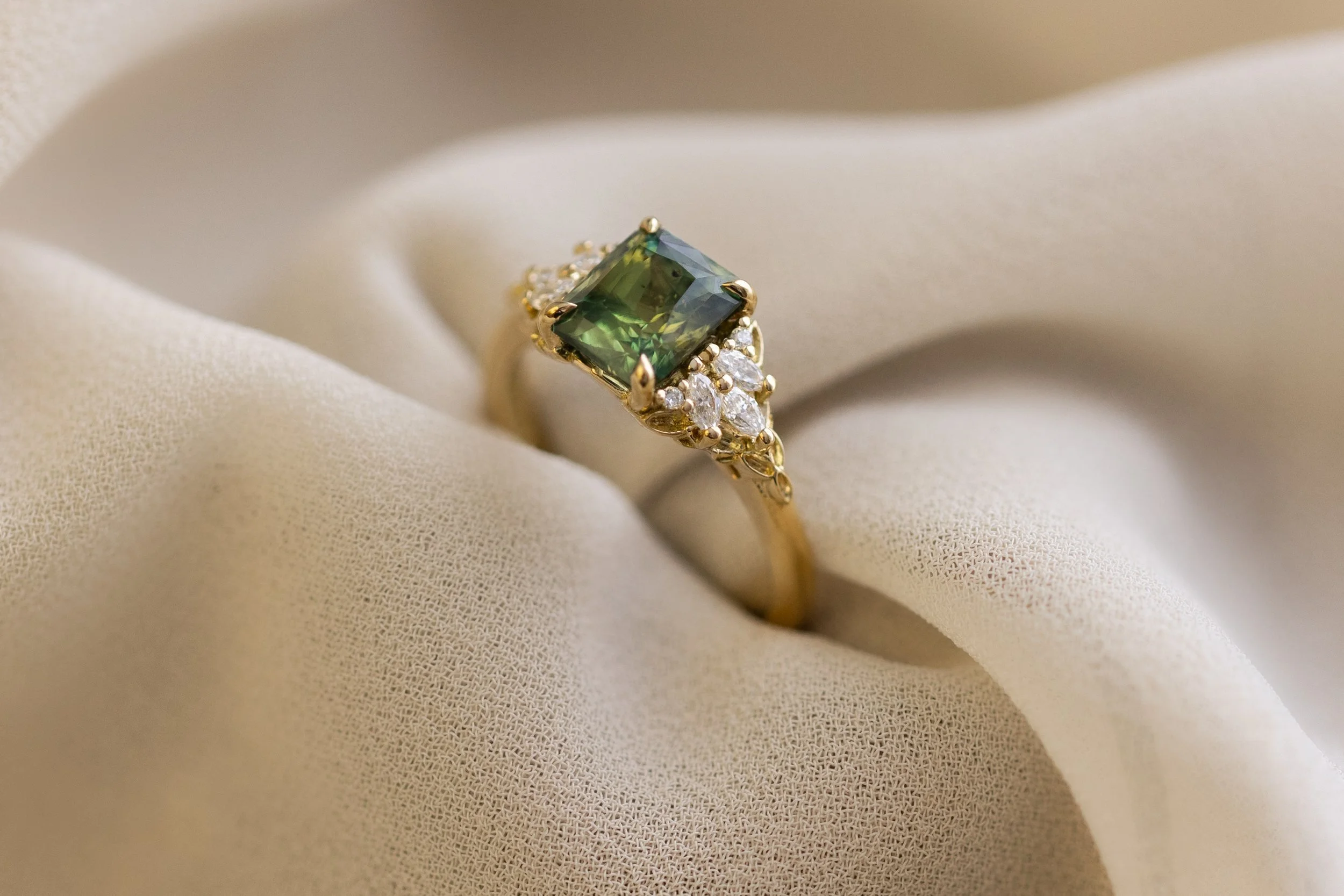 Heulwen-Lewis-Bespoke-Octagon-Sapphire-Diamond-Floral-Cluster-Engagement-Ring