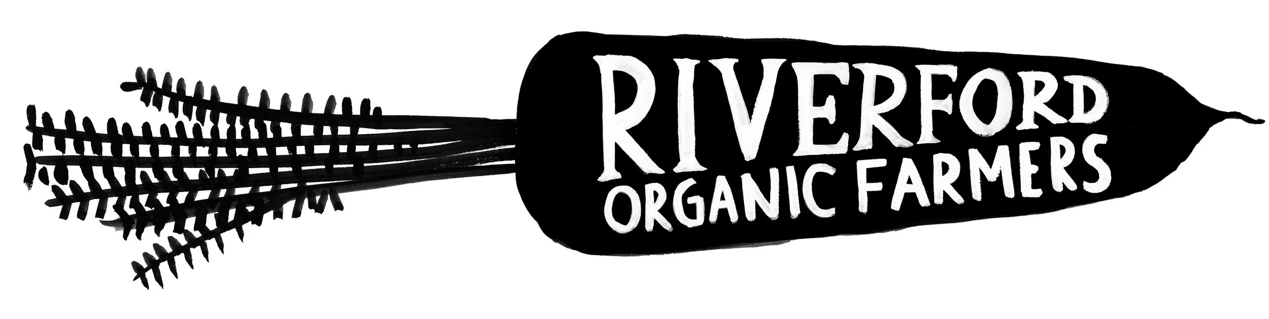 Black and white illustration of a carrot with the words 'RIVERFORD ORGANIC FARMERS' inside the carrot shape.