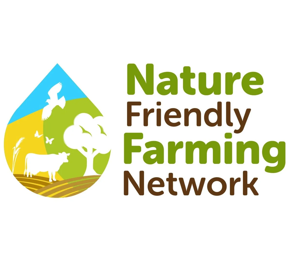 Logo of a nature-friendly farming network featuring a water droplet shape with farm and wildlife illustrations and the text 'Nature Friendly Farming Network'.